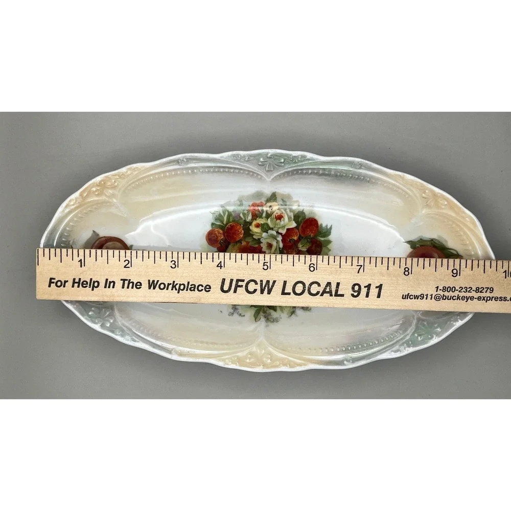 Antique Porcelain Celery Dish Fruit Floral Scalloped Lusterware‎ Serving 9.75